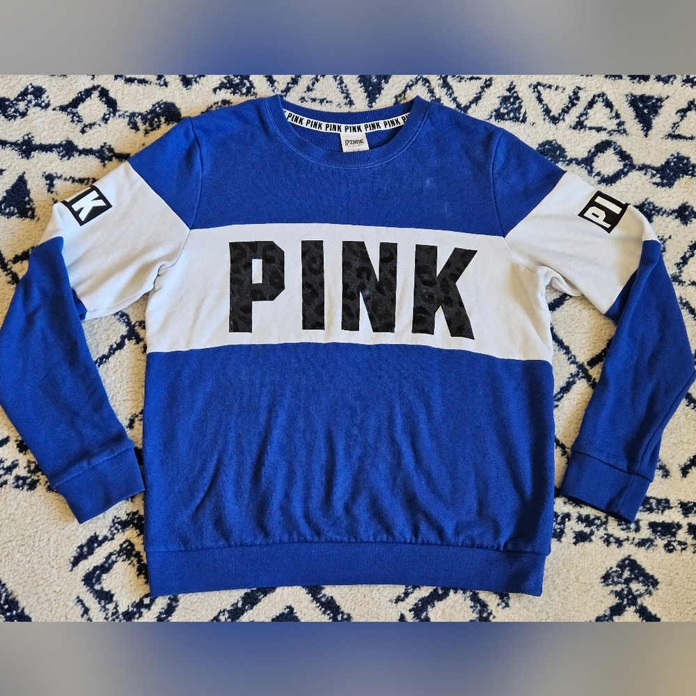 PINK Victoria's Secret Retro Style Color Block Blue/White Crewneck Sweatshirt